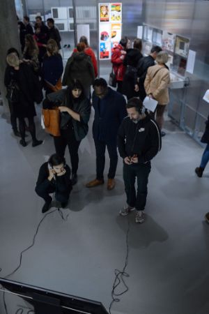 Audience in front of video installation. Parapolitics: Cultural Freedom and the Cold War
Exhibition opening
Curated by Anselm Franke, Nida Ghouse, Paz Guevara and Antonia Majaca
Nov 2, 2017