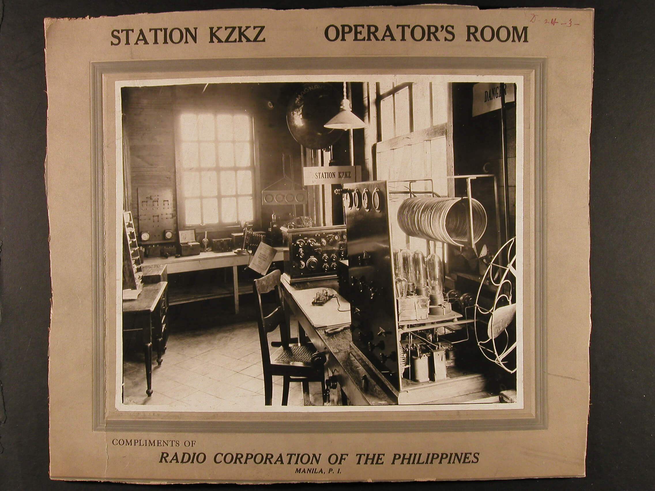 From the U.S. National Archives and Records Administration, RG 350. Undated photos, probably late 1920s, when Radio Corporation of the Philippines was under the wing of the Radio Corporation of America. Three experimental stations went on the air in 1922, which were consolidated into KZKZ two years later. It was the first to be identified with call letters.